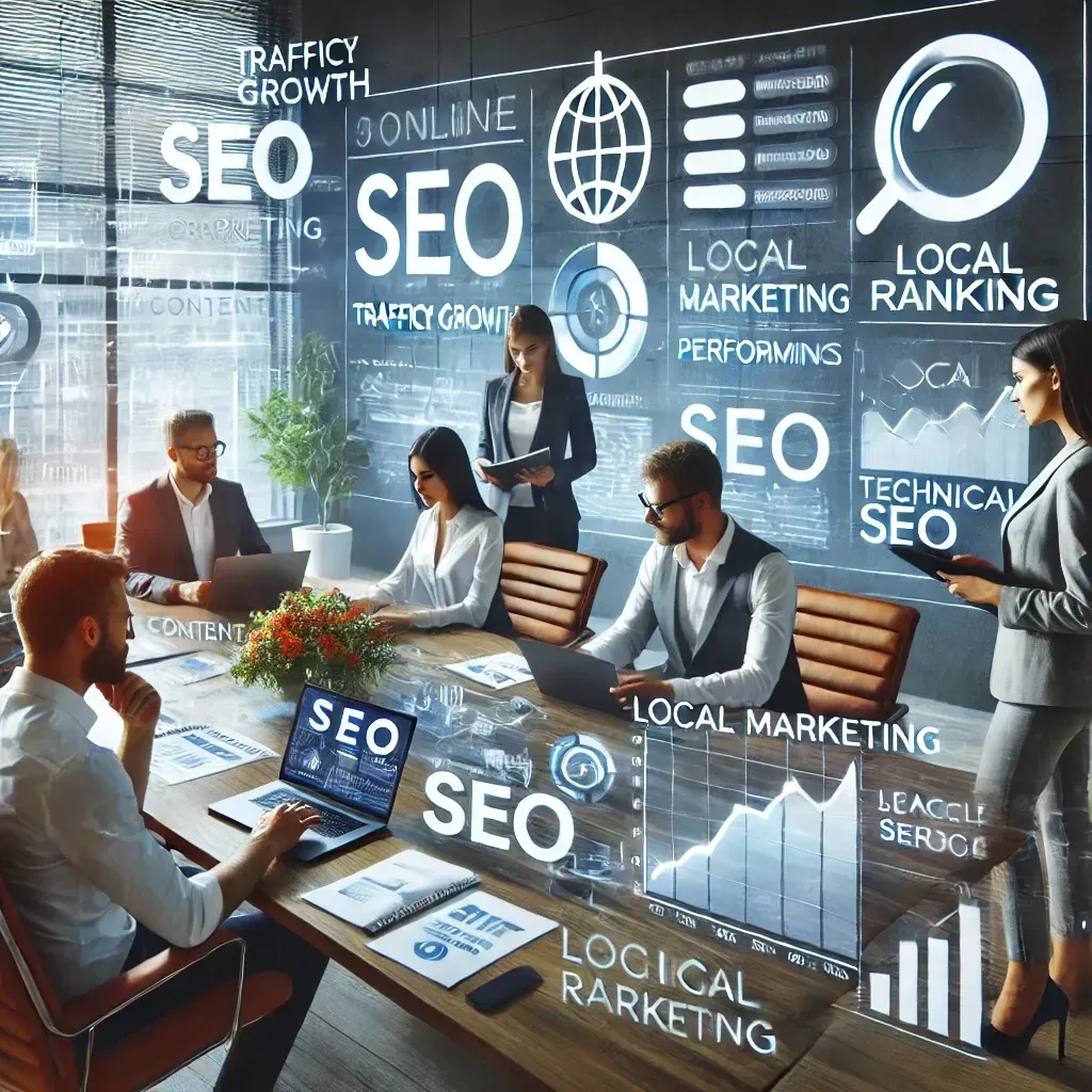 A small business team collaborates on online SEO strategies in a modern office. A large screen displays SEO analytics with metrics like