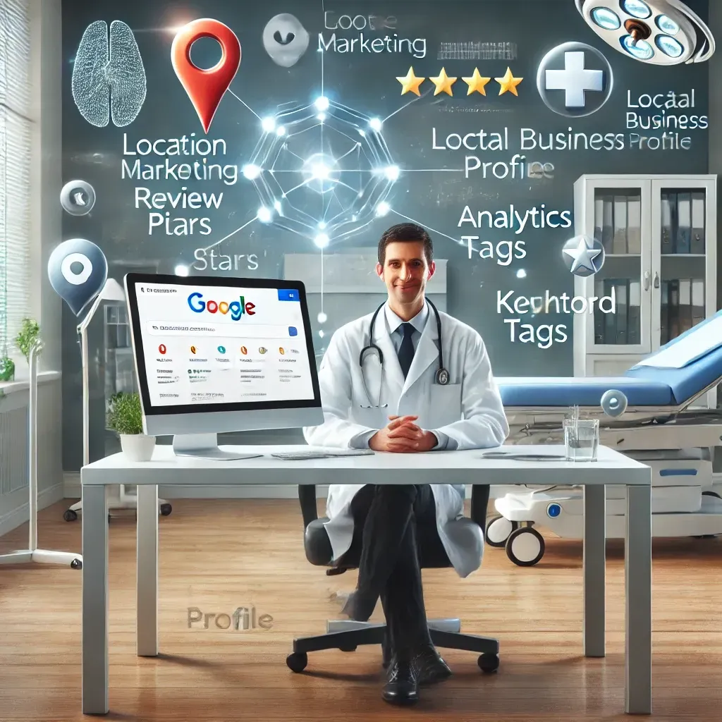 A healthcare professional sitting at a desk in a modern medical office, working on a computer displaying a Google Business Profile page. Digital marketing elements like floating location pins, review stars, analytics charts, and keyword tags surround the scene. The setting features medical equipment, emphasizing the integration of local SEO techniques into healthcare practices.