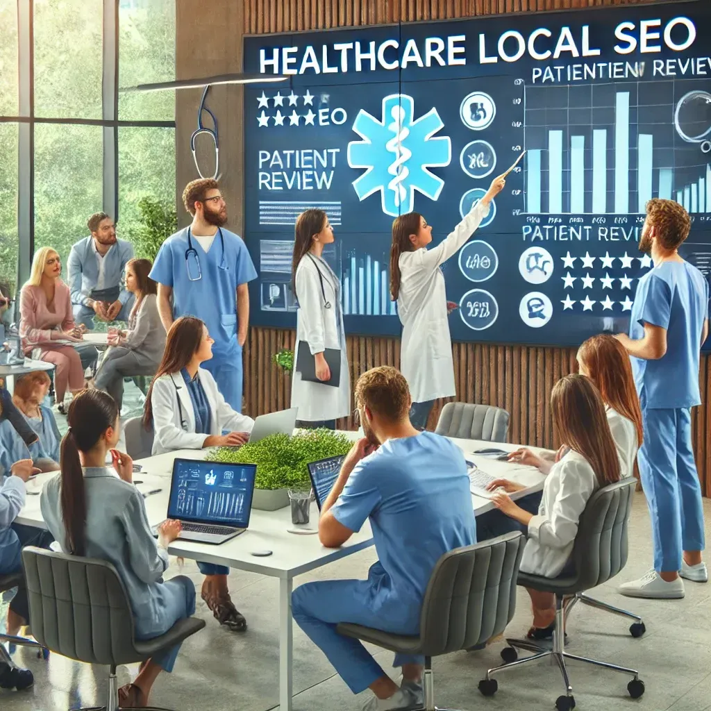 A diverse team of marketing professionals collaborating in a modern office, discussing a healthcare local SEO strategy. One person presents analytics and patient review statistics on a large digital screen, while others work on laptops. The space includes healthcare-themed decor like stethoscopes and medical charts, emphasizing innovation and expertise in healthcare marketing.