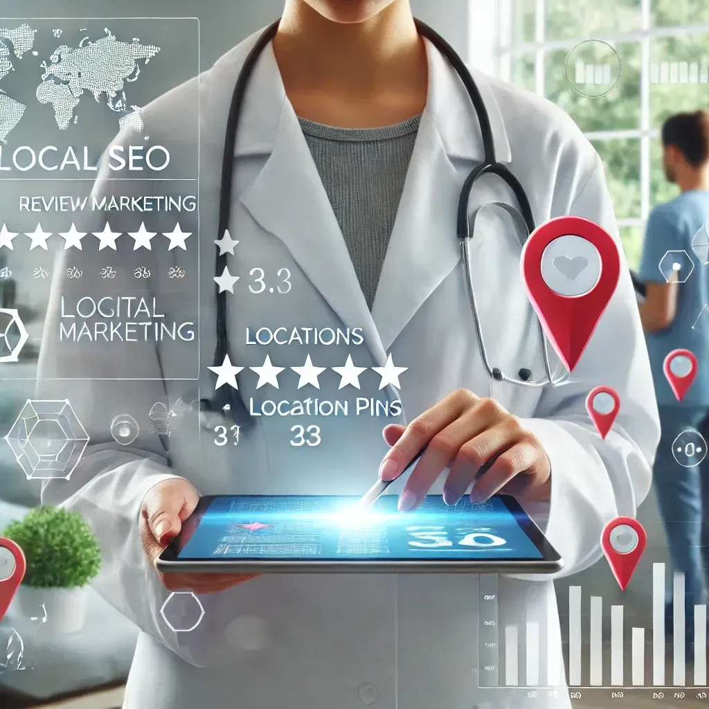 A doctor in a modern medical clinic engaging with patients using a tablet that displays a local SEO dashboard. Subtle floating elements like review stars, location pins, and analytics charts represent the impact of digital marketing and local SEO in healthcare. The environment is clean and professional, emphasizing patient engagement and the integration of technology in medical practices.
