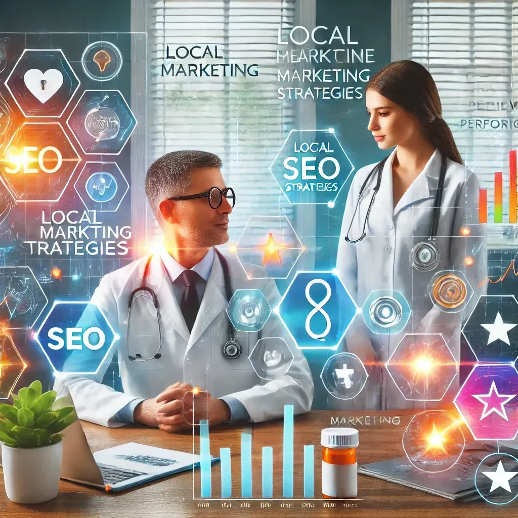 A healthcare professional collaborating with a digital marketing expert in a modern office. Screens display local SEO strategies, patient analytics, and campaign performance metrics, surrounded by subtle medical elements like stethoscopes and prescription charts. The scene highlights the integration of healthcare expertise and digital marketing for enhancing patient engagement and practice growth.