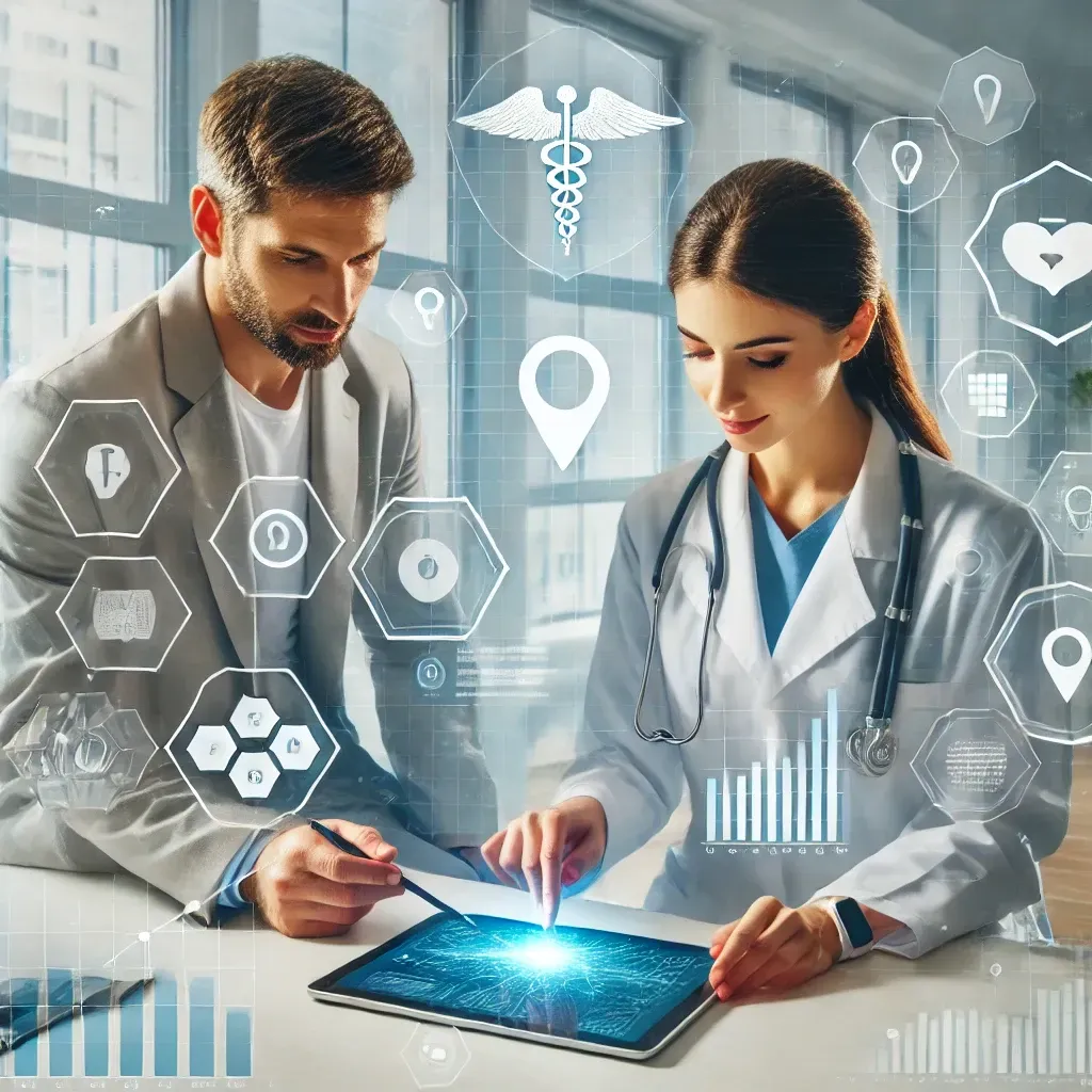 A healthcare professional collaborating with a marketing agency representative in a bright, modern office. The healthcare professional reviews campaign metrics on a tablet while the marketing expert explains strategies on a digital screen displaying graphs and analytics. Surrounding elements include medical charts, a stethoscope, and digital marketing icons, highlighting the integration of healthcare expertise and digital strategy for organizational growth.
