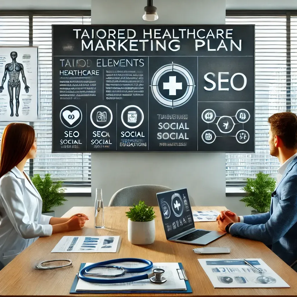 A marketing strategist presenting a customized healthcare marketing plan to a healthcare provider in a modern office. The screen shows elements like SEO, social media, and patient engagement metrics. The setting features medical charts, branding visuals, and a stethoscope on the table, highlighting the integration of medical expertise with personalized marketing strategies in a professional and innovative environment.