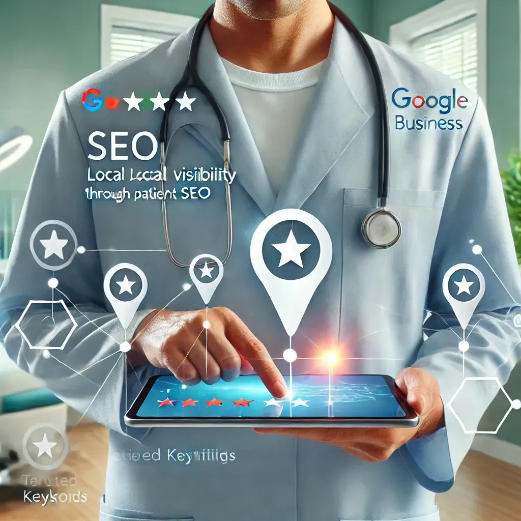 A healthcare professional in a modern clinic reviewing a Google Business Profile on a tablet. A digital map with location pins and floating elements like review stars, targeted keywords, and patient engagement metrics represent the impact of local SEO strategies. The clean, professional setting emphasizes the integration of SEO to boost local visibility and build patient trust.