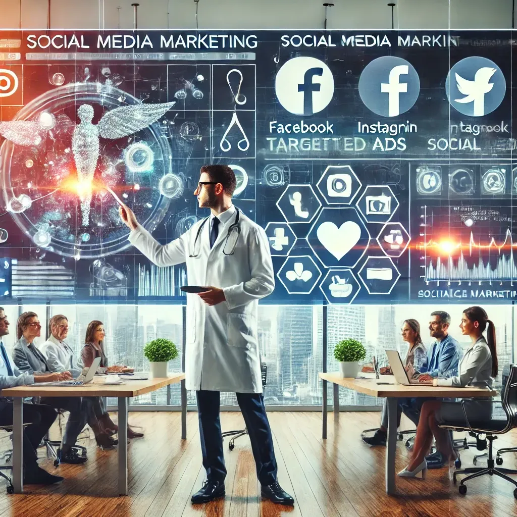 A social media strategist presenting a healthcare marketing campaign on a screen displaying analytics, targeted ads, and social media posts for a healthcare provider. Floating social media icons such as Facebook, Instagram, and LinkedIn surround the scene, alongside healthcare visuals like stethoscopes and patient charts. The modern, collaborative office setting highlights the integration of social media marketing and healthcare advertising to enhance patient engagement and brand visibility.