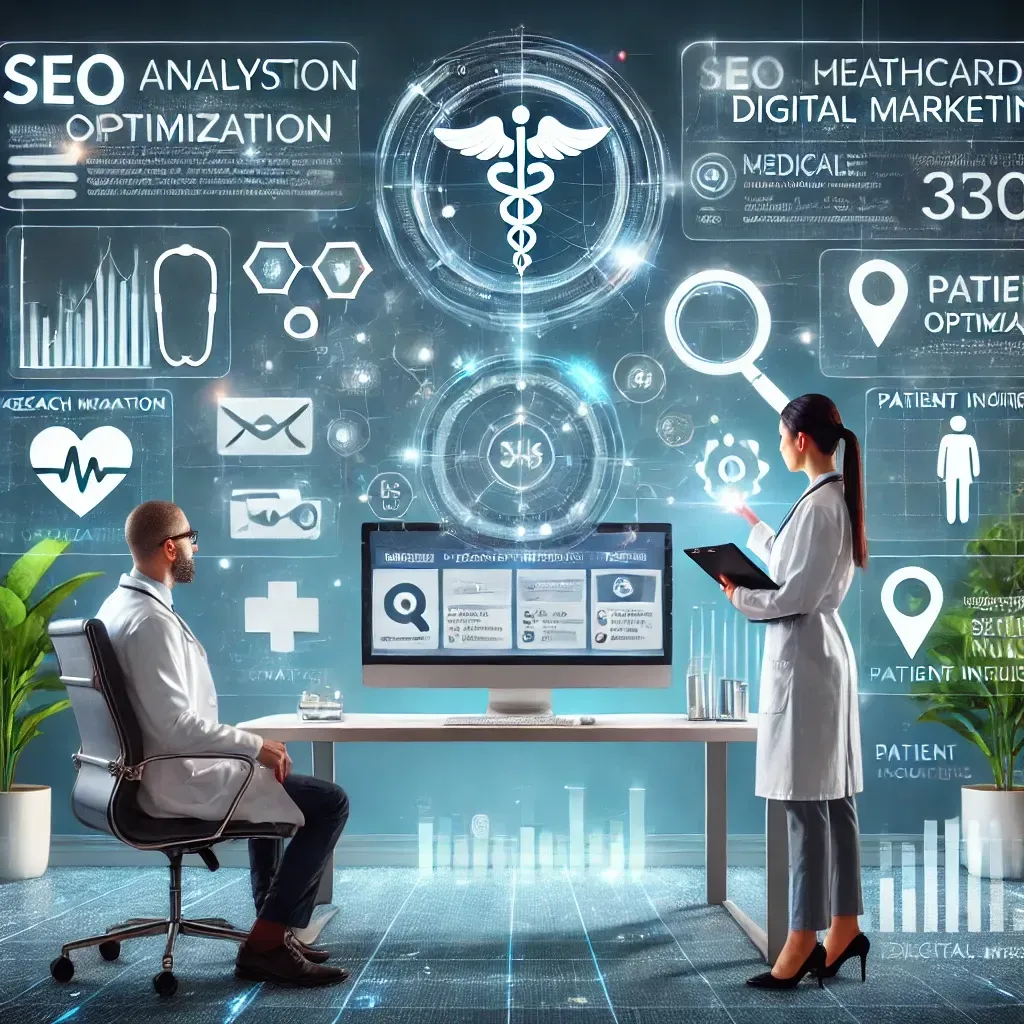 A healthcare professional collaborating with a digital strategist in a modern office, analyzing a large screen displaying a medical website with SEO analytics, keyword optimization, and patient inquiries. Floating elements such as search bars, graphs, location pins, and healthcare visuals like stethoscopes and medical charts emphasize the integration of digital marketing strategies in healthcare for growth and patient engagement.