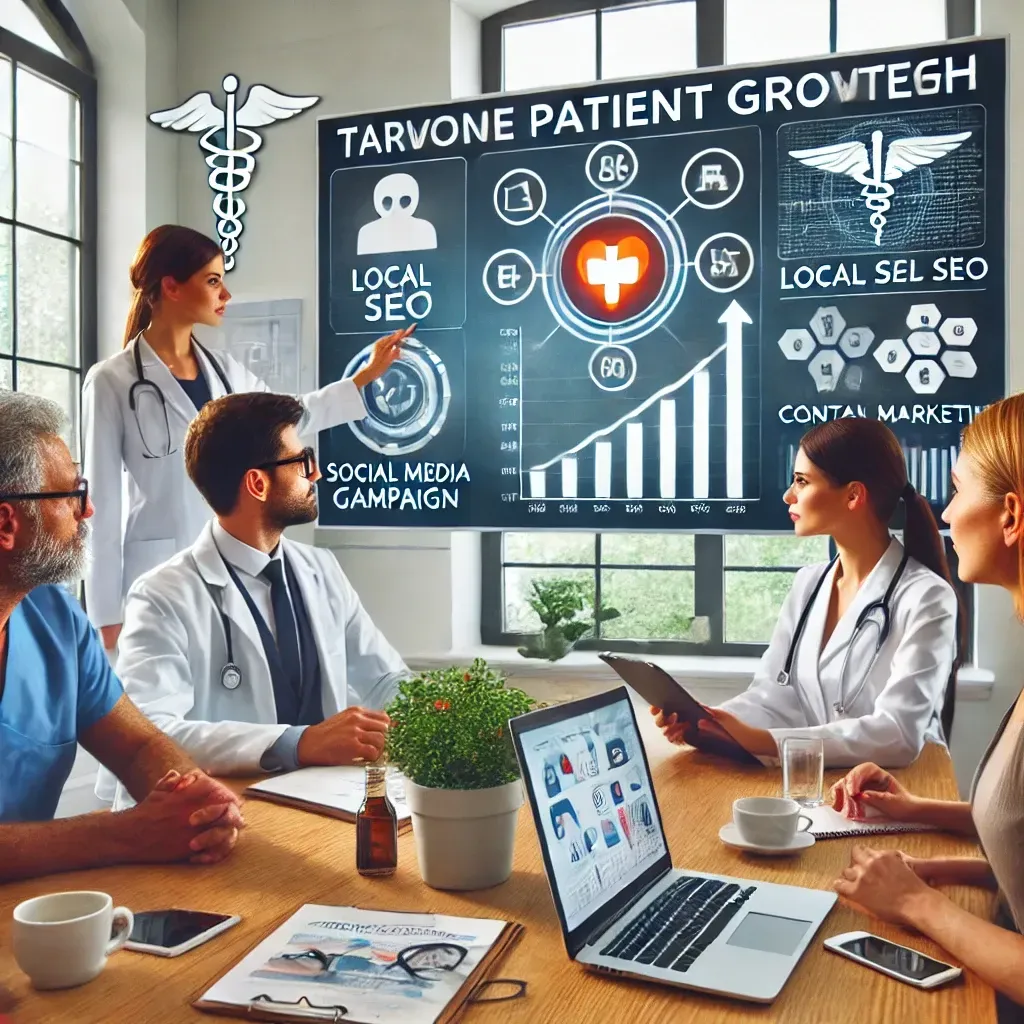 A healthcare marketing team conducting market research in a collaborative office setting. The scene features charts, demographics data, and local healthcare trends displayed on a large screen. A healthcare professional discusses insights with a strategist, surrounded by elements like patient feedback forms, Google Business Profile analytics, and location pins, emphasizing precision and strategy in healthcare marketing campaigns.