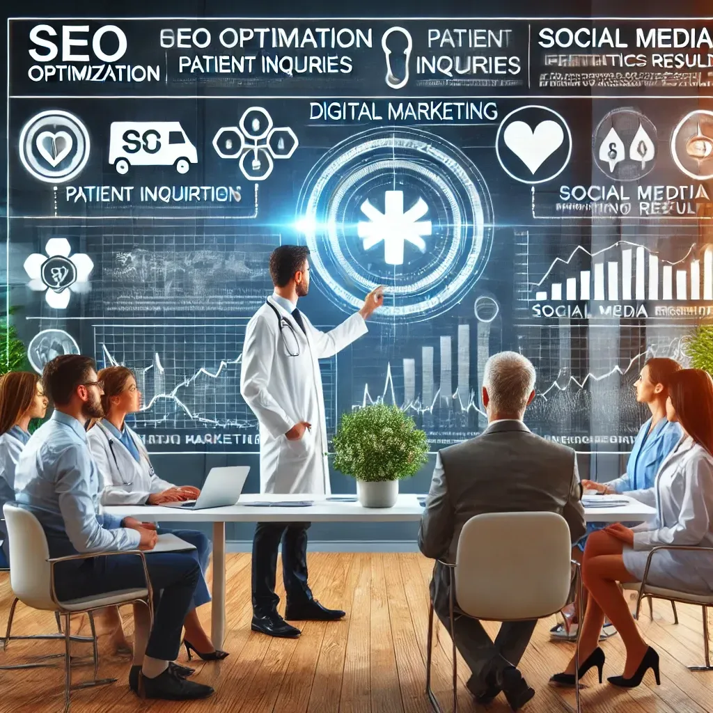 A healthcare marketing agency team collaborating with a healthcare provider in a bright office. A digital screen displays a patient growth strategy with local SEO analytics, social media campaign visuals, and content marketing metrics. The setting includes medical symbols like stethoscopes and patient charts, highlighting the integration of healthcare expertise and digital marketing to enhance patient engagement and growth.