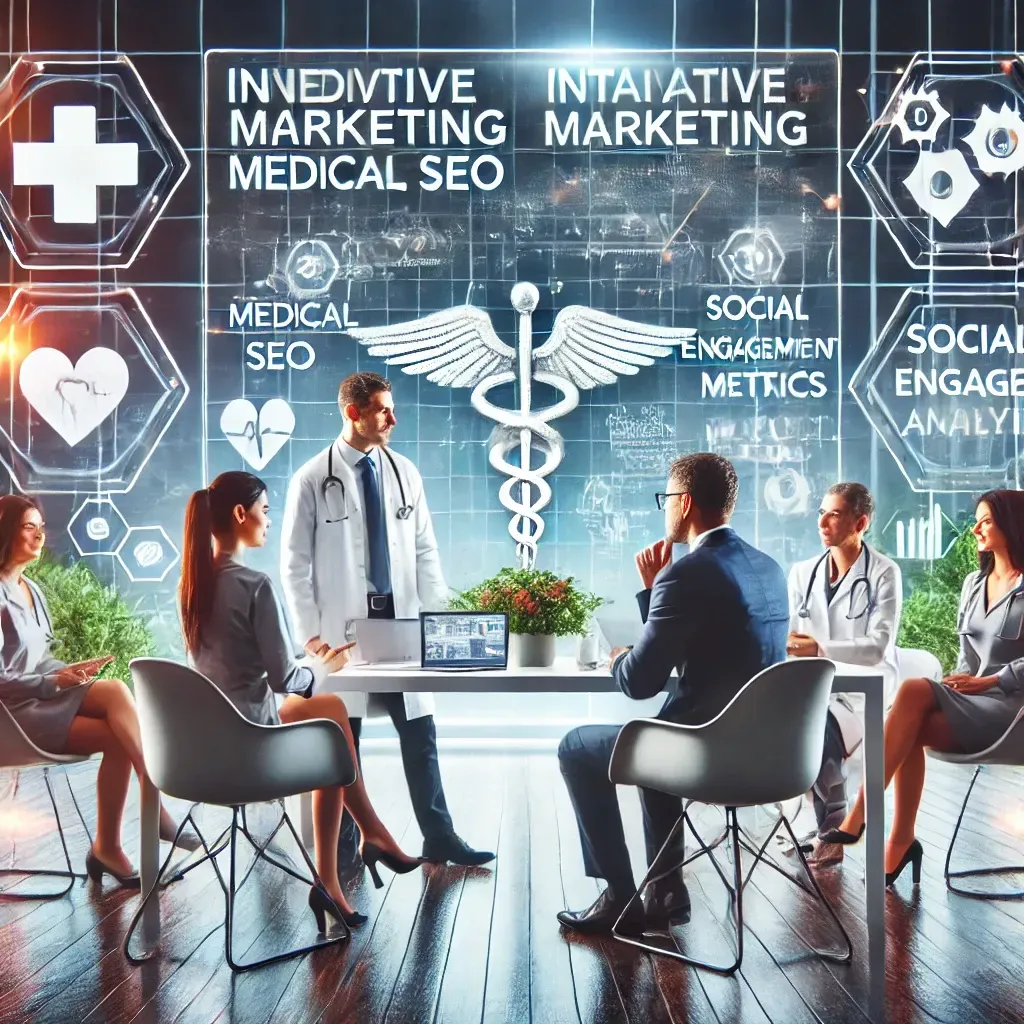A healthcare provider consulting with a digital marketing agency team in a modern office. A large screen displays a detailed strategy featuring SEO optimization, patient inquiries, social media metrics, and advertising results. The scene includes marketing professionals discussing tailored approaches, with medical elements like stethoscopes, charts, and patient feedback icons emphasizing the integration of healthcare expertise with digital marketing solutions.