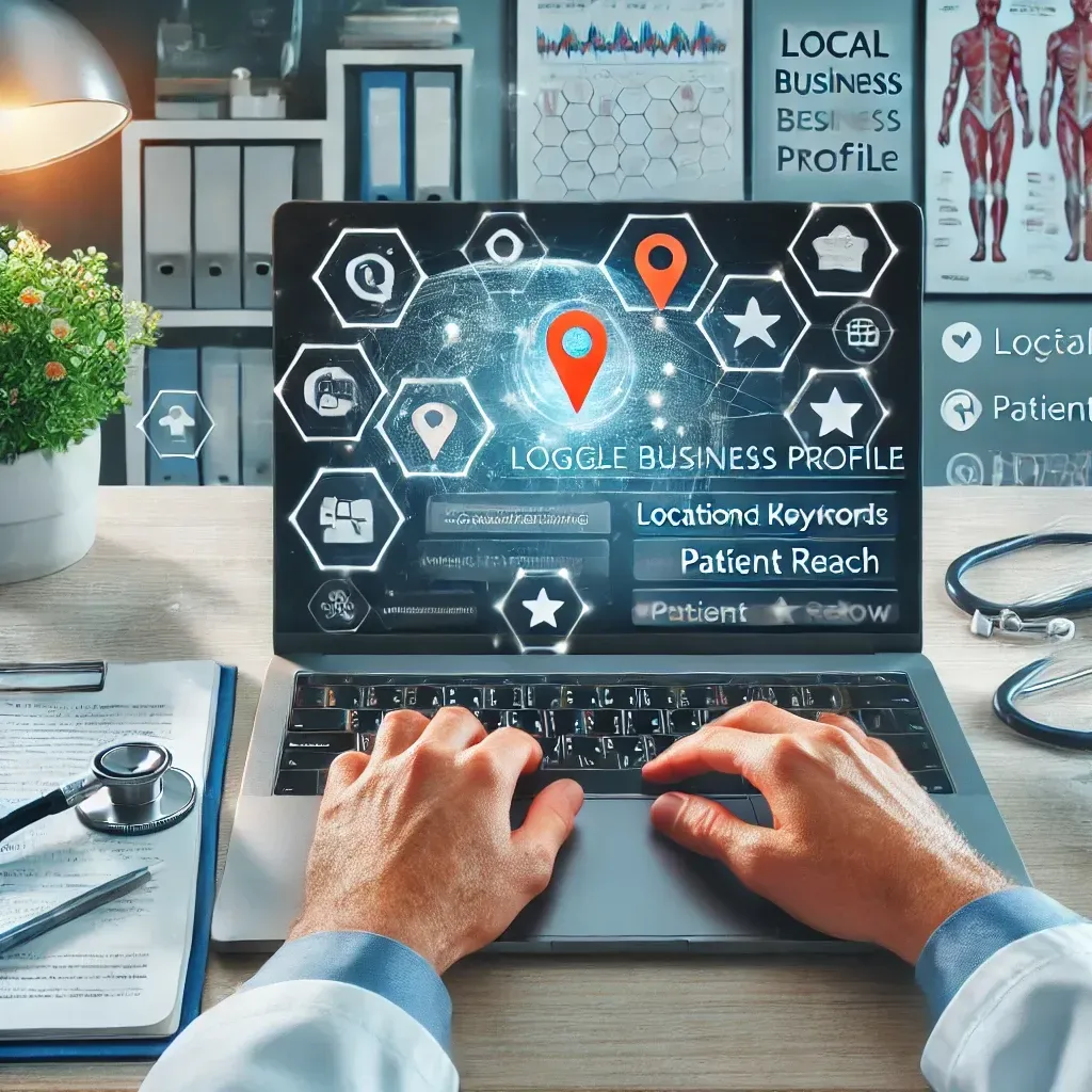 A healthcare provider's office with a digital marketing expert working on a laptop, optimizing a Google Business Profile. The screen displays location-based keywords, patient reviews, and local SEO analytics. Surrounding visuals include a digital map with location pins, medical charts, and stethoscopes, highlighting a professional and strategic approach to enhancing patient reach through local SEO services in healthcare.