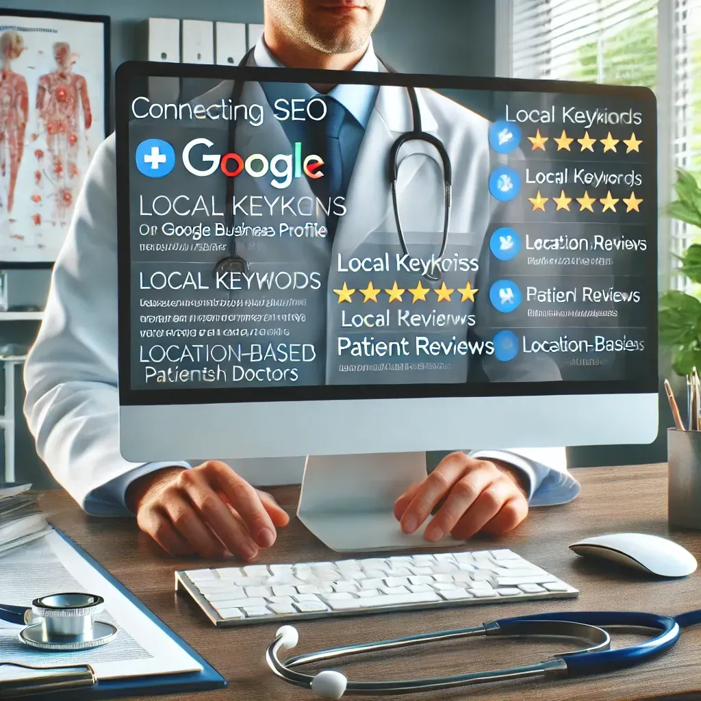 A digital strategist in a healthcare office optimizing a doctor's Google Business Profile on a desktop computer. The screen shows local keywords, patient reviews, and location-based SEO analytics. The background features medical tools like stethoscopes and charts, highlighting the integration of local SEO strategies to attract patients to doctor local businesses.