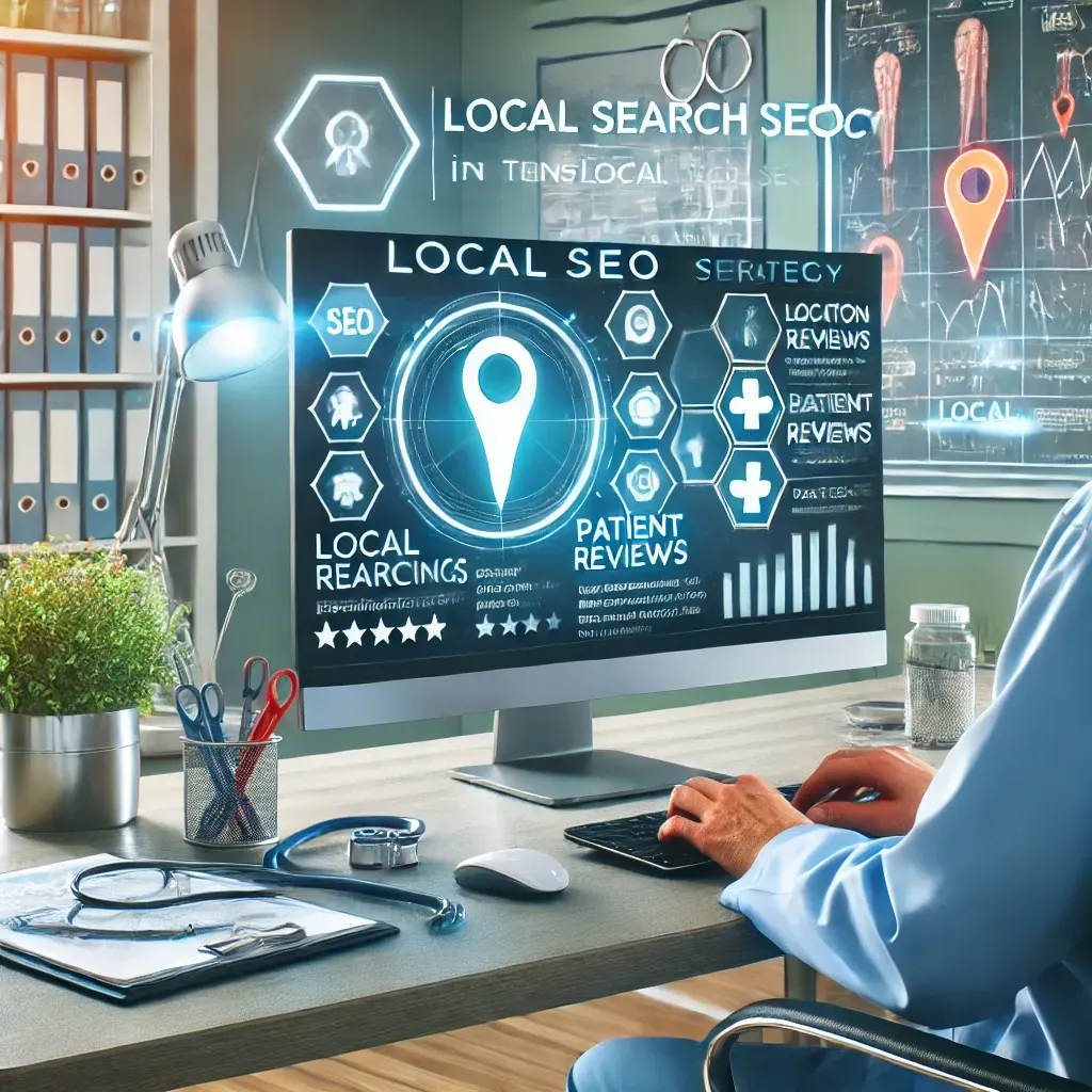 A marketing expert in a modern healthcare office optimizing a local SEO strategy on a computer screen. The display shows metrics like local search rankings, patient reviews, and location-based keywords. The background features medical tools such as stethoscopes and patient files, along with a digital map and location pins, illustrating the impact of local SEO services on healthcare practices' visibility and growth.
