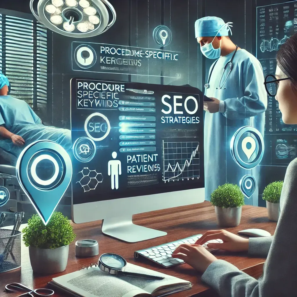A digital strategist in a modern surgeon's office optimizing SEO strategies on a computer screen displaying procedure-specific keywords, patient reviews, and search rankings. In the background, a surgeon is preparing for a consultation with visible medical tools and charts. Floating icons like location pins and graphs emphasize online visibility and tailored SEO techniques for surgeons.