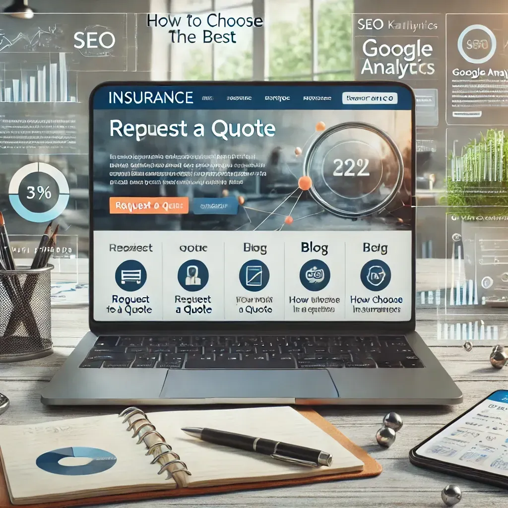 A professional scene showcasing an optimized insurance website on a laptop screen, featuring clear call-to-action buttons like