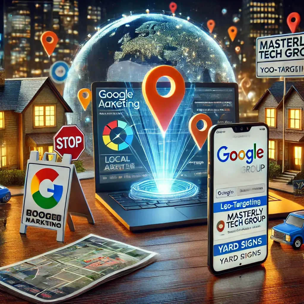An image depicting the role of Masterly Tech Group in roofing marketing. The foreground includes a laptop displaying a Google Ads dashboard, a smartphone showcasing a roofing company’s Google Business Profile, and a flyer promoting local advertising and yard signs. In the background, a digital map highlights geo-targeting areas, representing precision in location-based advertising. The scene conveys expertise, innovation, and the integration of advanced marketing strategies for roofing businesses.