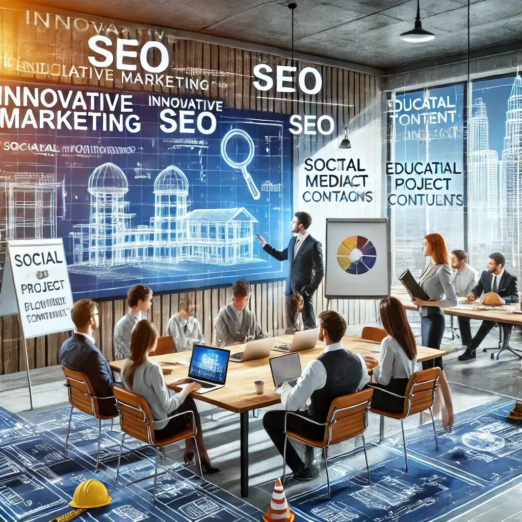 A vibrant office environment showcasing a construction company team collaborating with a digital marketing consultant to develop innovative strategies. A large screen displays terms like