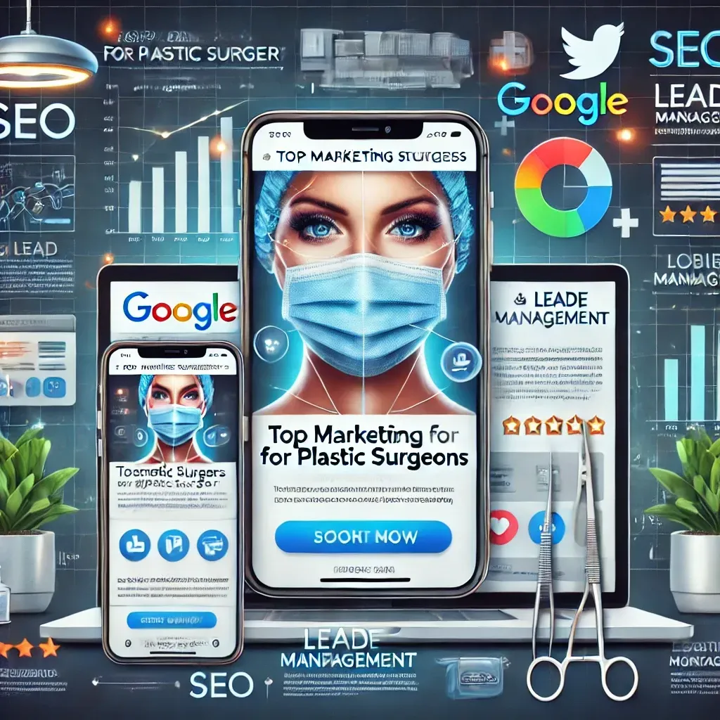 An engaging image illustrating top marketing strategies for plastic surgeons. It features a smartphone displaying a Google Ad for cosmetic surgery, a tablet showing a social media feed with patient testimonials and popular procedure highlights, and a laptop showcasing a mobile-optimized website with booking options and online reviews. The background includes charts and icons for SEO, lead management, and digital engagement, symbolizing a comprehensive and professional approach to practice growth and patient satisfaction. The design reflects modern, high-quality standards.