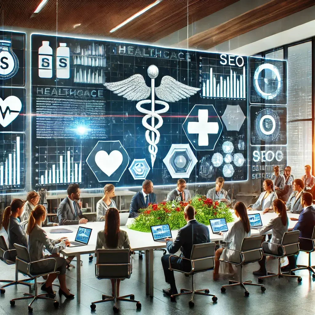 A modern office setting with a team of professionals analyzing healthcare marketing strategies. Digital screens display website analytics and SEO data, while laptops and documents are spread across the table. The scene emphasizes healthcare SEO services, online visibility, and patient engagement, tailored for success in the healthcare industry in 2025.