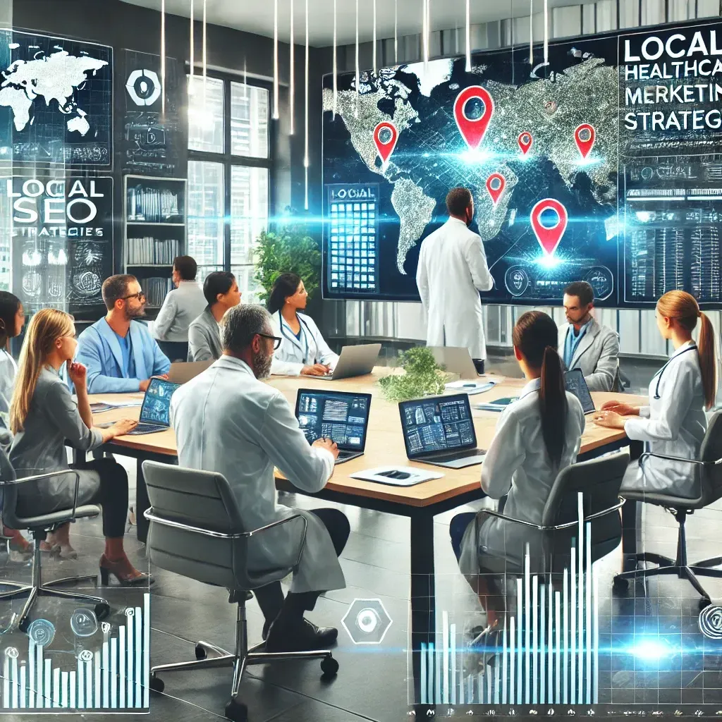 A collaborative office environment where digital marketers and healthcare professionals analyze local SEO strategies. The team uses laptops, documents, and digital screens displaying analytics, maps, and graphs to optimize healthcare provider visibility. The modern setting highlights innovation, strategy, and success in healthcare digital marketing for 2025.