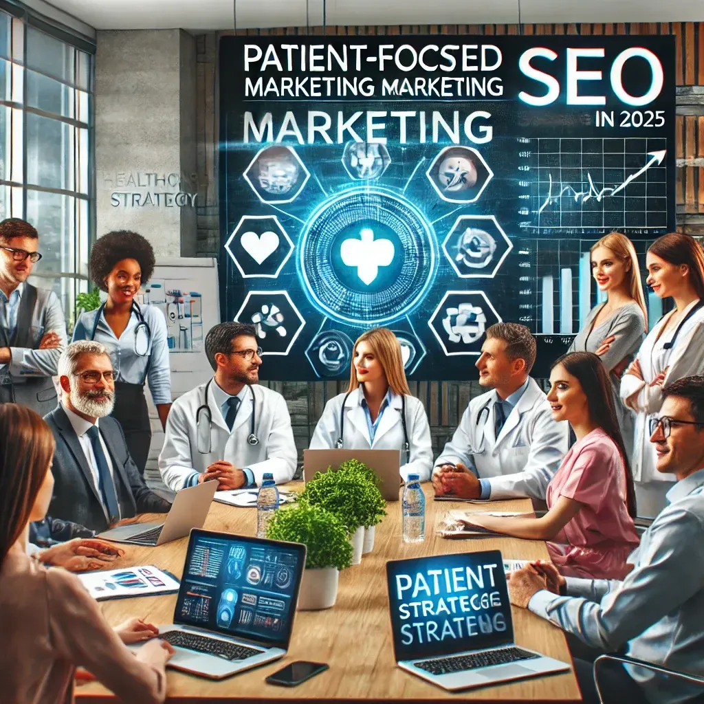 A professional healthcare marketing strategy session with a diverse team of marketers and healthcare professionals collaborating around a table. The group analyzes branding strategies and SEO metrics displayed on a large digital screen. The modern office decor emphasizes innovation, collaboration, and tailored marketing solutions for the healthcare industry in 2025.