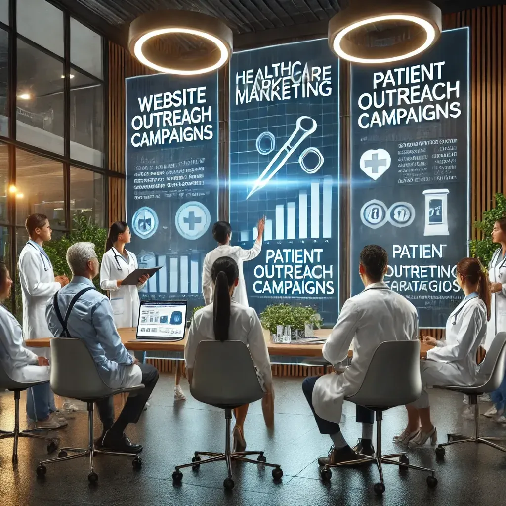 A professional healthcare marketing session in a modern office setting, showcasing a diverse team of healthcare professionals and digital marketers analyzing website performance and patient outreach strategies. Digital screens display campaign metrics and social media plans, emphasizing innovation and targeted marketing solutions for competitive success in the healthcare industry.