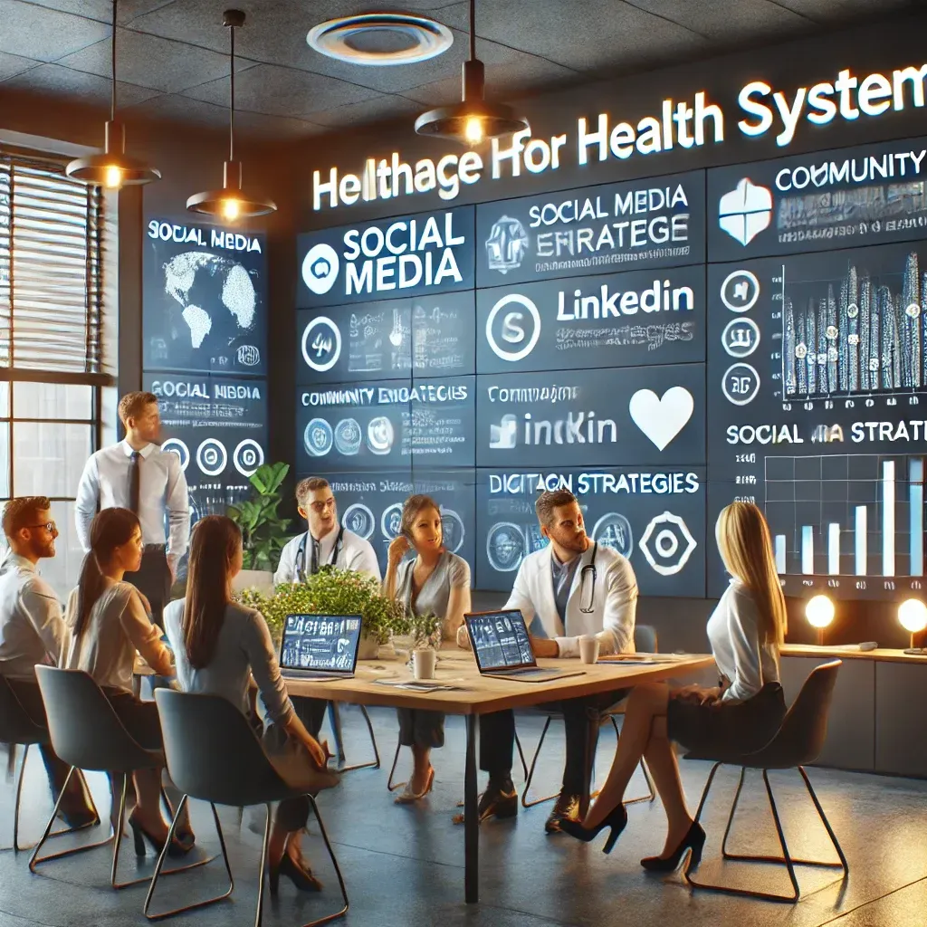 A professional office environment with a team of healthcare marketing professionals collaborating on a social media strategy. Digital screens display analytics and campaign strategies for platforms like LinkedIn and Instagram, while laptops, charts, and documents are spread across the table. The setting emphasizes digital innovation, community engagement, and tailored strategies for healthcare providers.