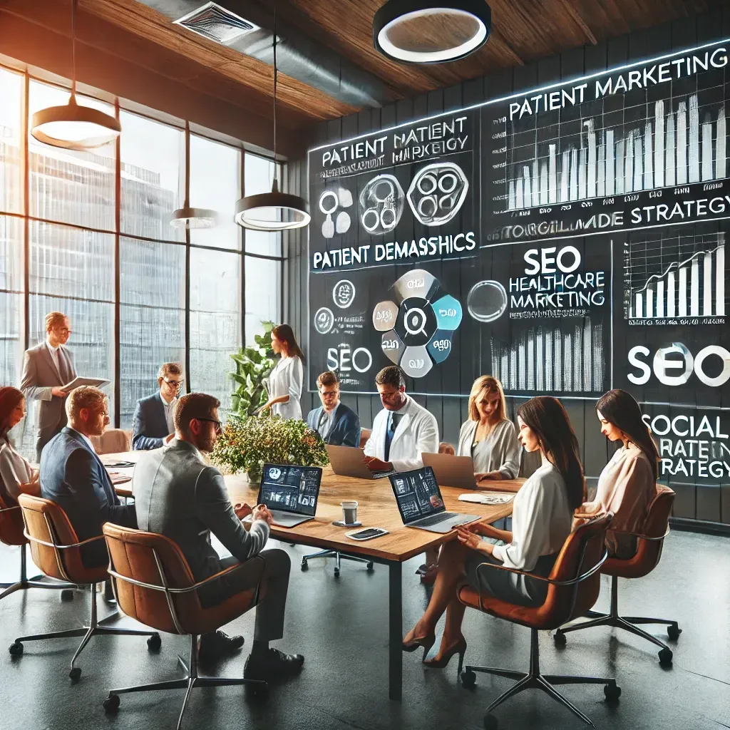 A modern office setting with a team of healthcare marketing professionals collaborating on a campaign strategy. Digital screens display patient demographics, SEO analytics, and social media strategies, while laptops and documents are spread across the table. The scene emphasizes data-driven insights, innovation, and tailored healthcare marketing expertise to reach target audiences effectively.