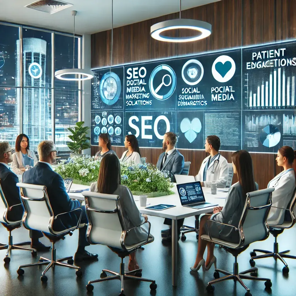 A modern office setting featuring a team of healthcare digital marketing professionals discussing patient engagement strategies. Digital screens display SEO analytics, social media campaigns, and patient demographics, while laptops and documents are on the table. The scene emphasizes innovation, data-driven solutions, and tailored strategies to improve healthcare visibility and patient outreach.
