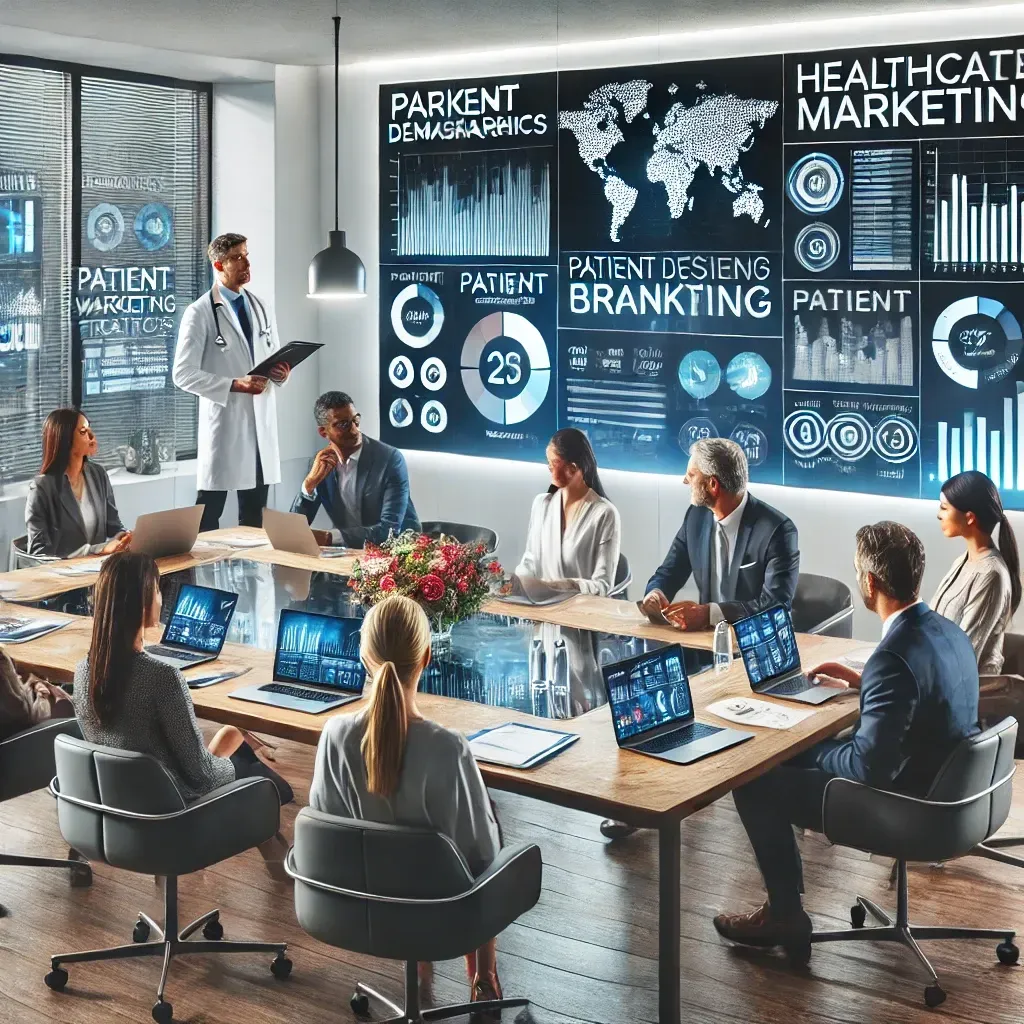 A professional healthcare marketing meeting in a modern office setting, with a diverse team discussing market research and brand strategy. Digital screens display patient demographics, marketing trends, and branding visuals. Laptops, charts, and documents are spread across the table, emphasizing collaboration, data-driven strategies, and patient-focused branding for healthcare providers.