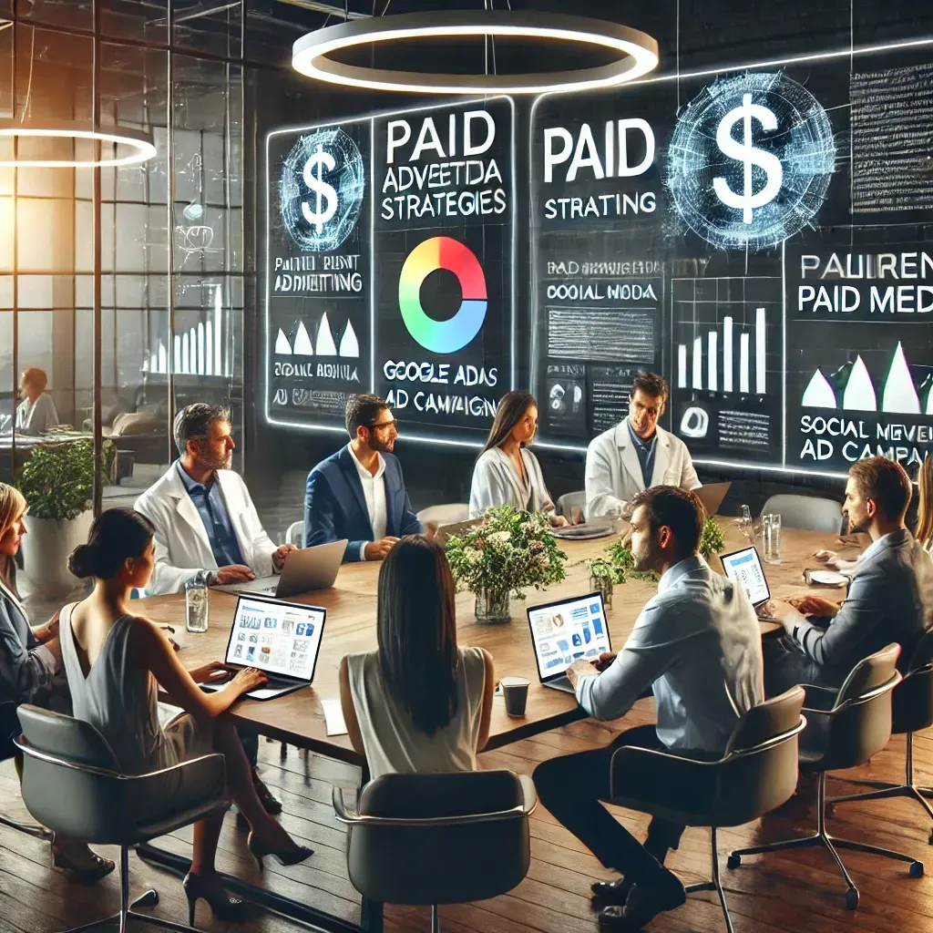 A modern office setting featuring a healthcare marketing team analyzing paid advertising strategies. Digital screens display Google Ads analytics, social media campaign results, and patient demographic data, while laptops and documents are spread across the table. The scene highlights collaboration, data-driven insights, and innovative paid media strategies to enhance visibility and patient engagement.