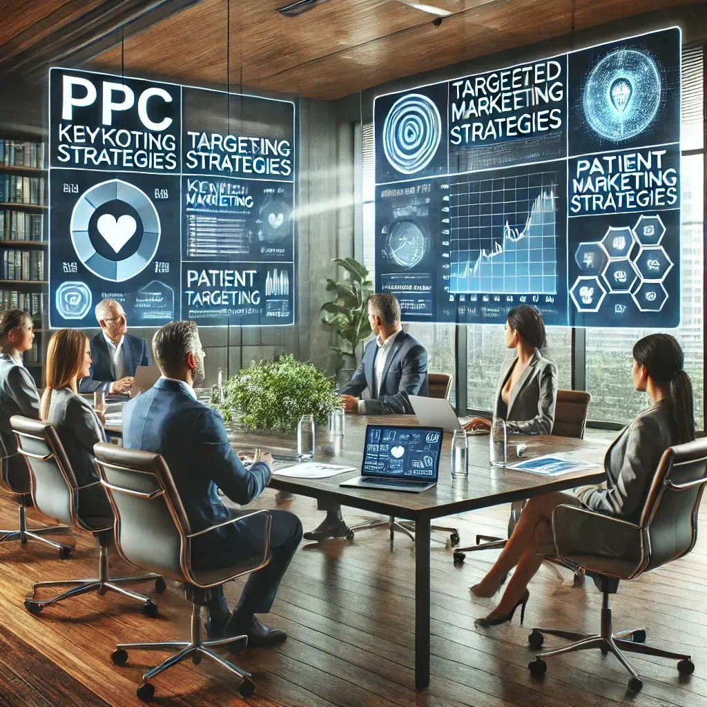 A modern office setting featuring a healthcare marketing team collaborating on strategic advertising solutions. Digital screens display PPC analytics, keyword strategies, and patient demographics, while laptops, charts, and documents are spread across the table. The scene emphasizes innovation, targeted advertising, and collaboration to drive growth and patient engagement in the healthcare industry.