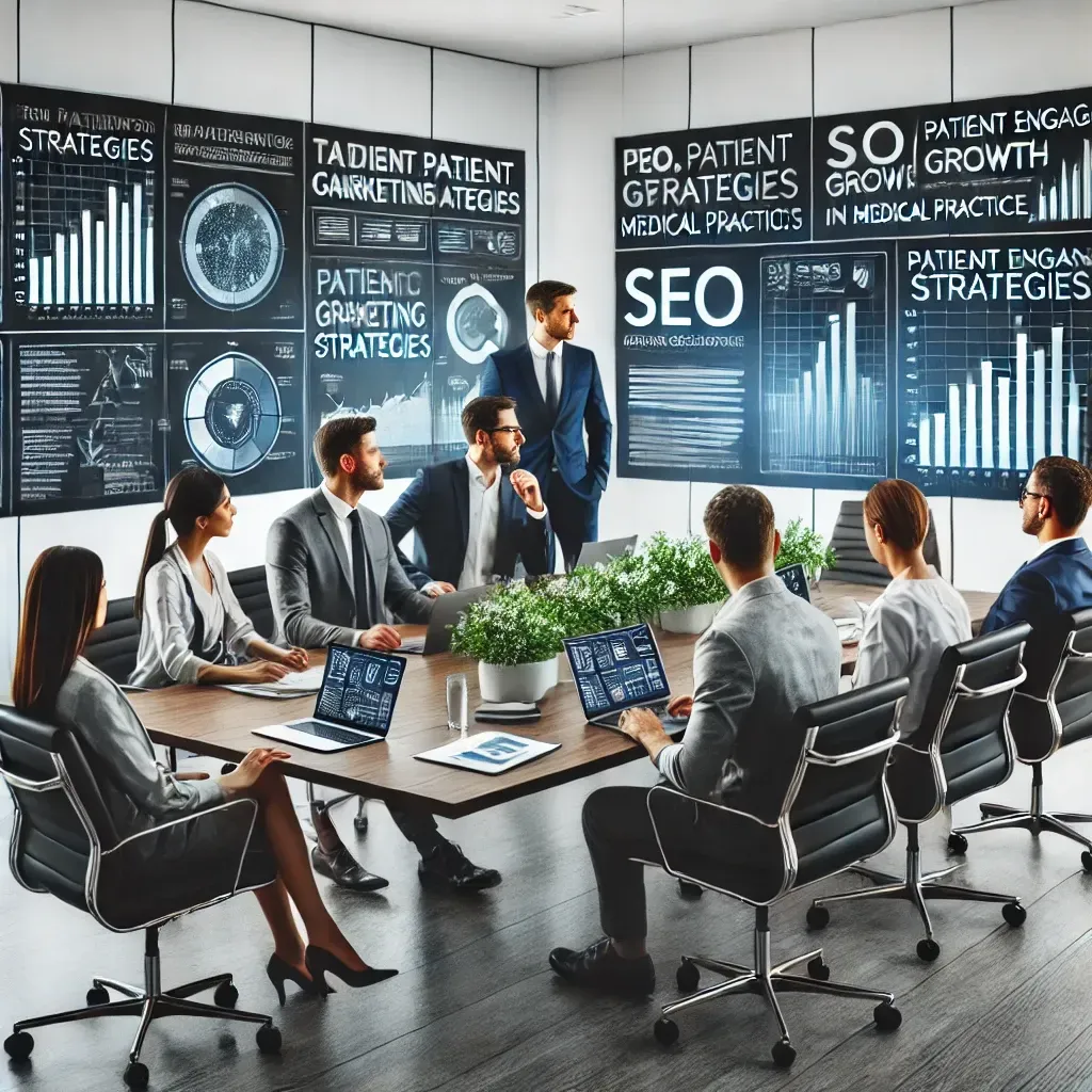 A modern office setting featuring healthcare marketing professionals collaborating on tailored growth strategies for medical practices. Digital screens display SEO analytics, patient engagement strategies, and targeted campaigns. Laptops, documents, and charts are spread across the table, highlighting innovation, collaboration, and patient-focused marketing for sustainable growth in healthcare.