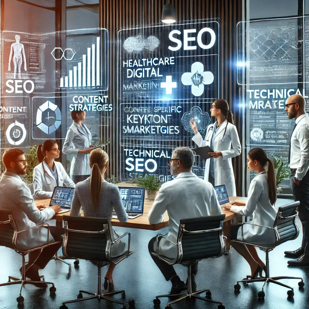 A modern office setting with a healthcare digital marketing team collaborating on an SEO strategy for a medical practice. Digital screens display keyword analytics, content strategies, and technical SEO insights. The team works around a table with laptops, charts, and documents, emphasizing innovation, collaboration, and data-driven marketing for improved online visibility and patient engagement.