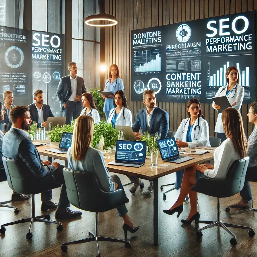 A modern office setting with a healthcare marketing team collaborating on strategies for a medical practice. Digital screens display SEO metrics, campaign analytics, and content marketing plans, while laptops and documents are on the table. The scene emphasizes professionalism, collaboration, and data-driven solutions to enhance patient engagement and digital visibility in the healthcare industry.