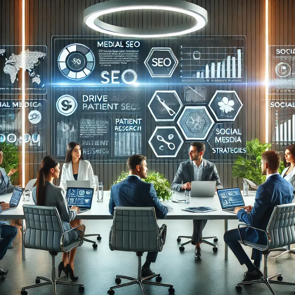 A modern office setting featuring a team of healthcare marketing professionals collaborating on strategies to drive success for providers. Digital screens display SEO analytics, keyword research, and social media strategies, while laptops, charts, and documents are on the table. The scene emphasizes innovation, collaboration, and expertise in enhancing visibility and patient engagement for healthcare practices.