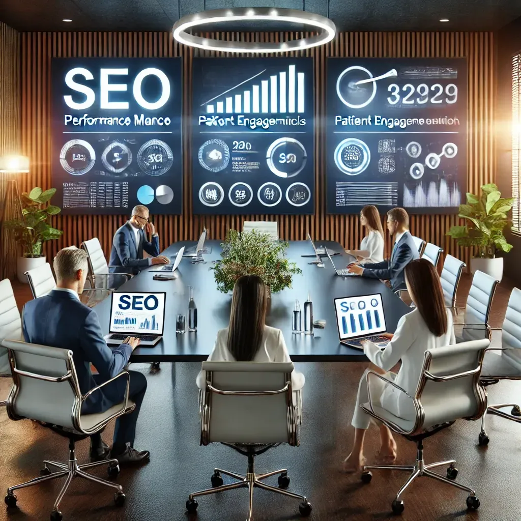 A modern office setting featuring healthcare marketing professionals collaborating on strategies for a healthcare practice. Digital screens display SEO metrics, patient engagement analytics, and campaign insights, while laptops, charts, and documents are on the conference table. The scene highlights professionalism, innovation, and expertise in driving patient outreach and digital growth for healthcare practices.