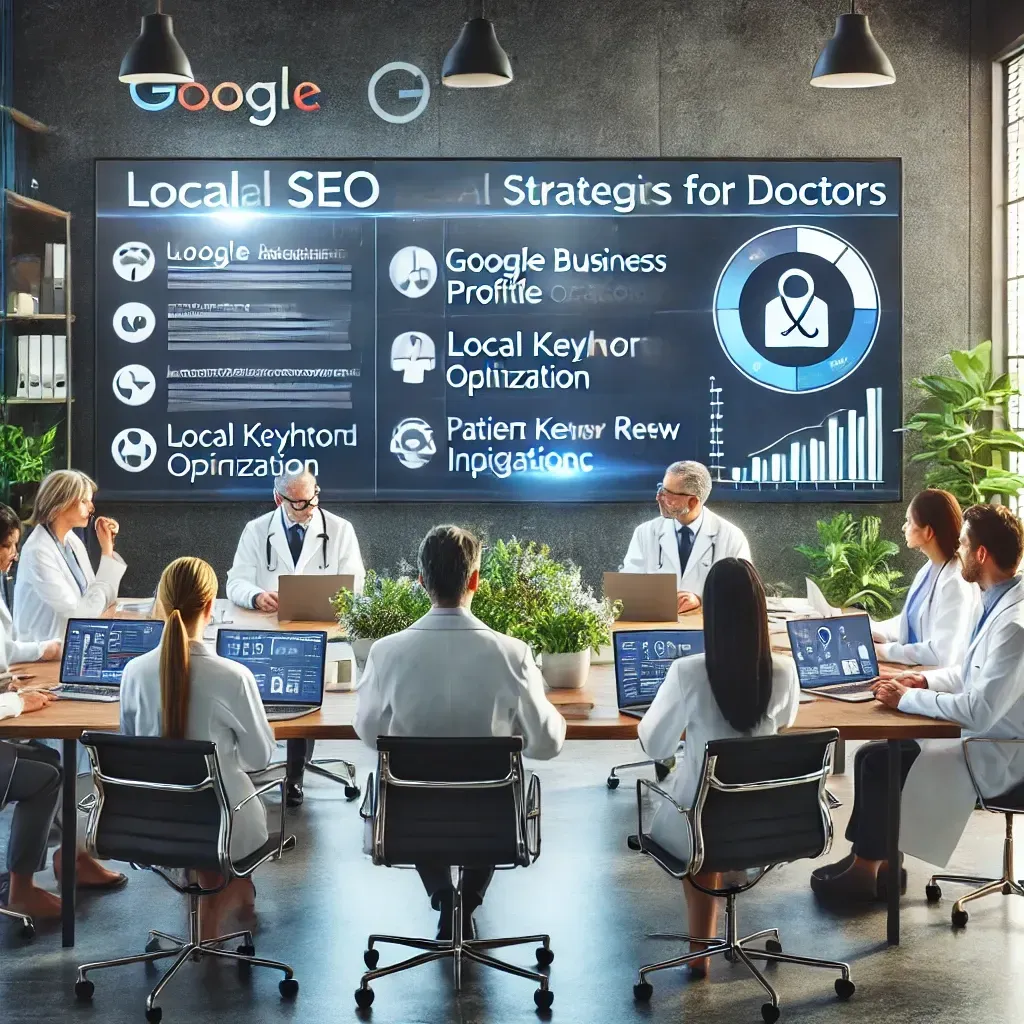 A modern office setting with a healthcare digital marketing team collaborating on local SEO strategies for doctors. Digital screens display insights on Google Business Profile optimization, local keyword analytics, and patient reviews. Laptops, charts, and documents are on the table, emphasizing innovation, expertise, and community-focused marketing for enhancing local visibility.