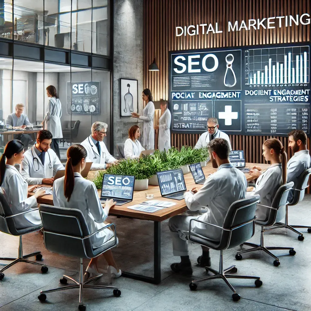 A sleek office setting featuring a healthcare digital marketing team collaborating on patient engagement strategies. Digital screens display analytics for SEO, social media campaigns, and content marketing plans. Laptops, charts, and documents are arranged on the table, emphasizing innovation, collaboration, and a patient-centered approach to digital marketing for healthcare providers.