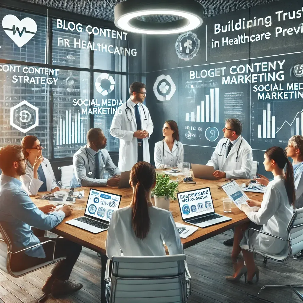 A modern office setting featuring a healthcare marketing team collaborating on content strategy and social media marketing. Digital screens display blog content plans, social media analytics, and patient engagement metrics. The team works with laptops, charts, and documents, emphasizing innovation, collaboration, and patient-focused solutions to build trust and enhance visibility in the healthcare industry.