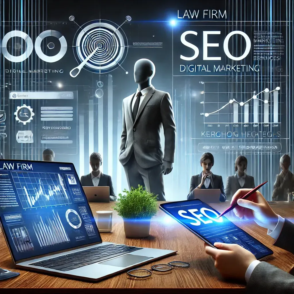 A modern illustration showcasing a responsive law firm website optimized for SEO, displayed on multiple devices, including a desktop, tablet, and mobile. The image features analytics charts, keyword highlights, and search rankings, emphasizing professional SEO strategies for legal services. A digital marketing professional works in the background, symbolizing strategic optimization.