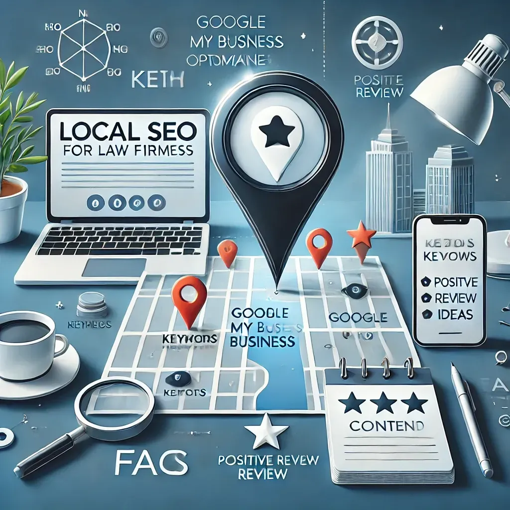 An illustration showcasing local SEO strategies for law firms. The image features a modern map with a magnifying glass highlighting a location pin, representing Google My Business optimization. Surrounding the map are icons of a laptop displaying keywords, a mobile device with star reviews, and a notepad illustrating content creation ideas such as FAQs and blog posts. The setting emphasizes a professional and digital marketing-focused workspace tailored for legal services.