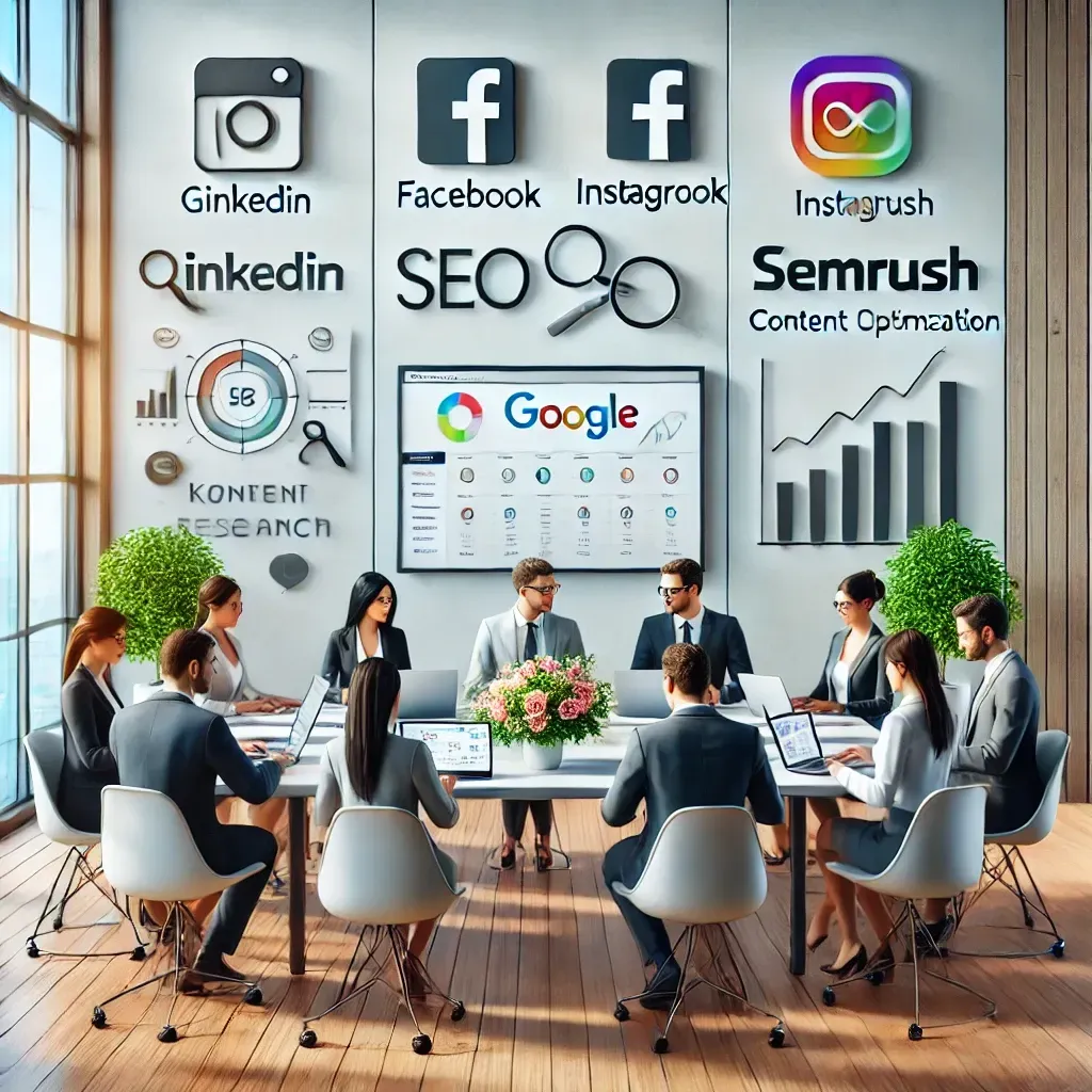 A modern office setting where a group of professionals collaborates on SEO strategies. Laptops display dashboards for Google Analytics and SEMrush, while a whiteboard shows icons for LinkedIn, Facebook, and Instagram. Documents labeled 
