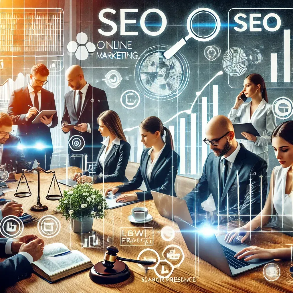 A visually engaging workspace scene representing digital marketing for law firms, featuring diverse team members collaborating over laptops and digital tools, with elements like charts, search engine icons, and analytics dashboards in the background, symbolizing SEO strategies and online client engagement.