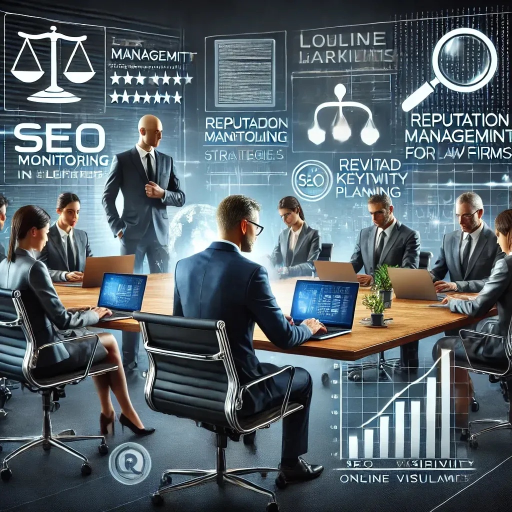 The image depicts a modern digital marketing scene tailored for law firms, showcasing a professional office environment with specialists actively engaged in reputation management and SEO strategies. Alt text: 