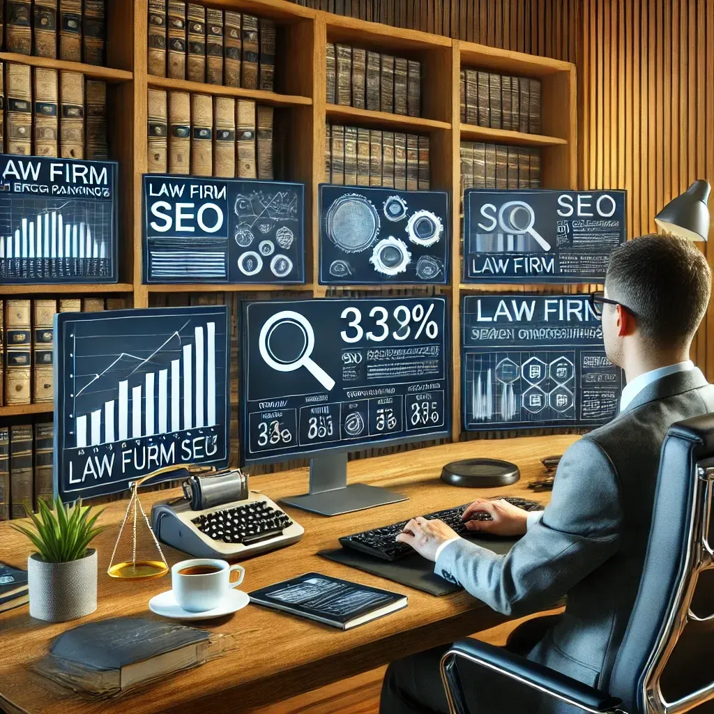 A professional scene showcasing a law firm SEO expert working on a computer with multiple screens displaying analytics, keyword research, and search engine rankings in a modern office. The setup includes a sleek desk, legal books on shelves, and a coffee cup, symbolizing focus and expertise in tailored SEO strategies for law firms.