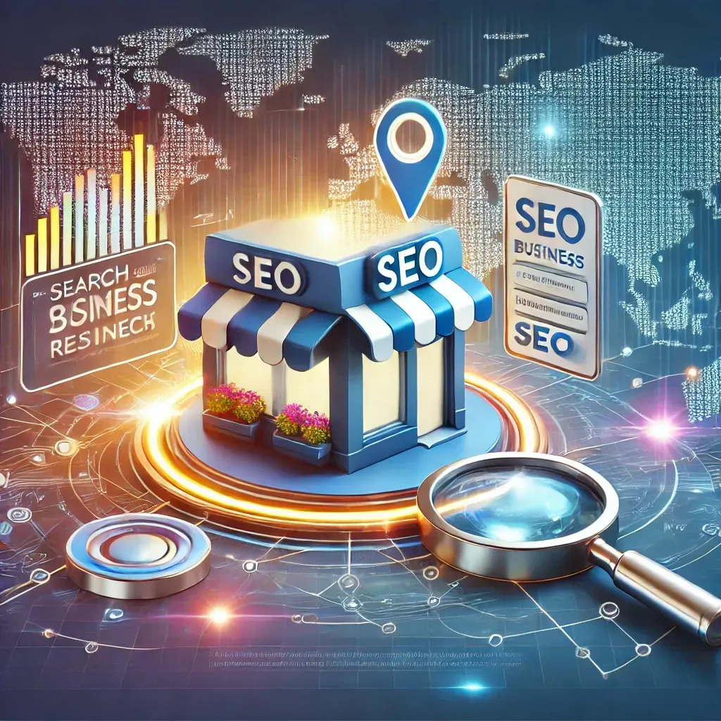 A modern digital illustration showcasing small business SEO, featuring a storefront icon connected to digital elements like search engine ranking bars, magnifying glasses for keyword research, and a glowing map pin for local SEO. The background includes a stylized world map with pathways symbolizing enhanced online visibility and traffic.