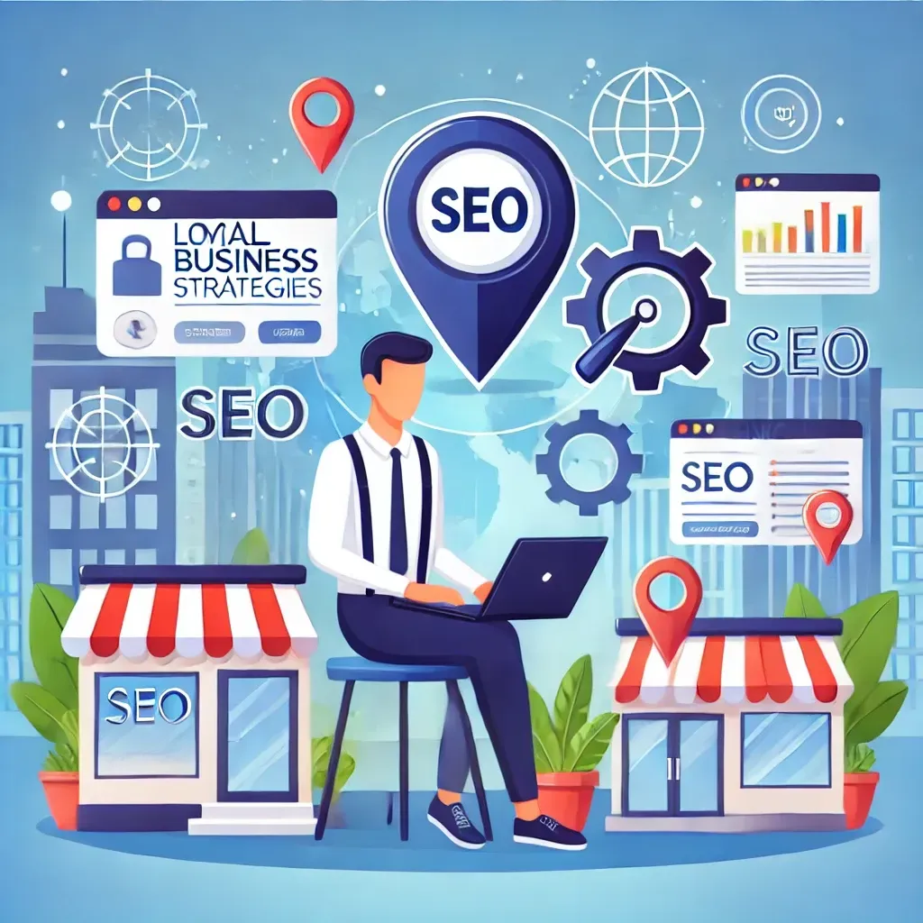 A digital illustration of a small business owner working on local SEO strategies on a laptop, surrounded by icons like a location pin, website analytics, and a gear, with a cityscape and storefronts in the background to represent local business growth.