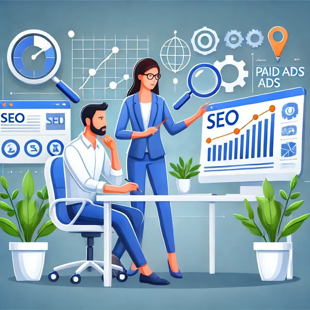 A modern digital illustration of a small business owner and an SEO consultant working together on digital marketing strategies, with charts and SEO-related icons displayed on a computer screen, symbolizing collaboration and innovation.