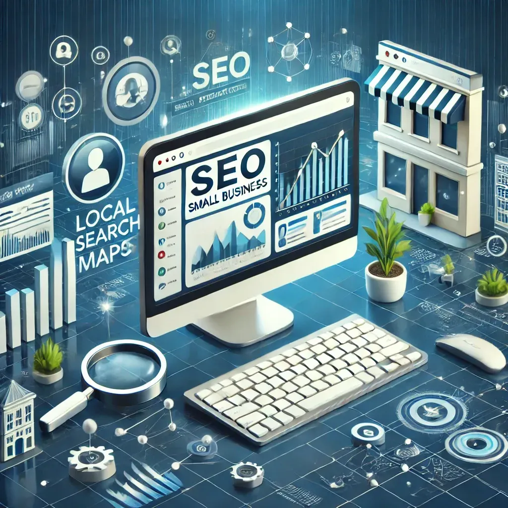 A digital illustration depicting small business SEO strategies, featuring a computer displaying analytics graphs and surrounded by icons like search maps, magnifying glasses, and link chains, emphasizing local SEO and online visibility.