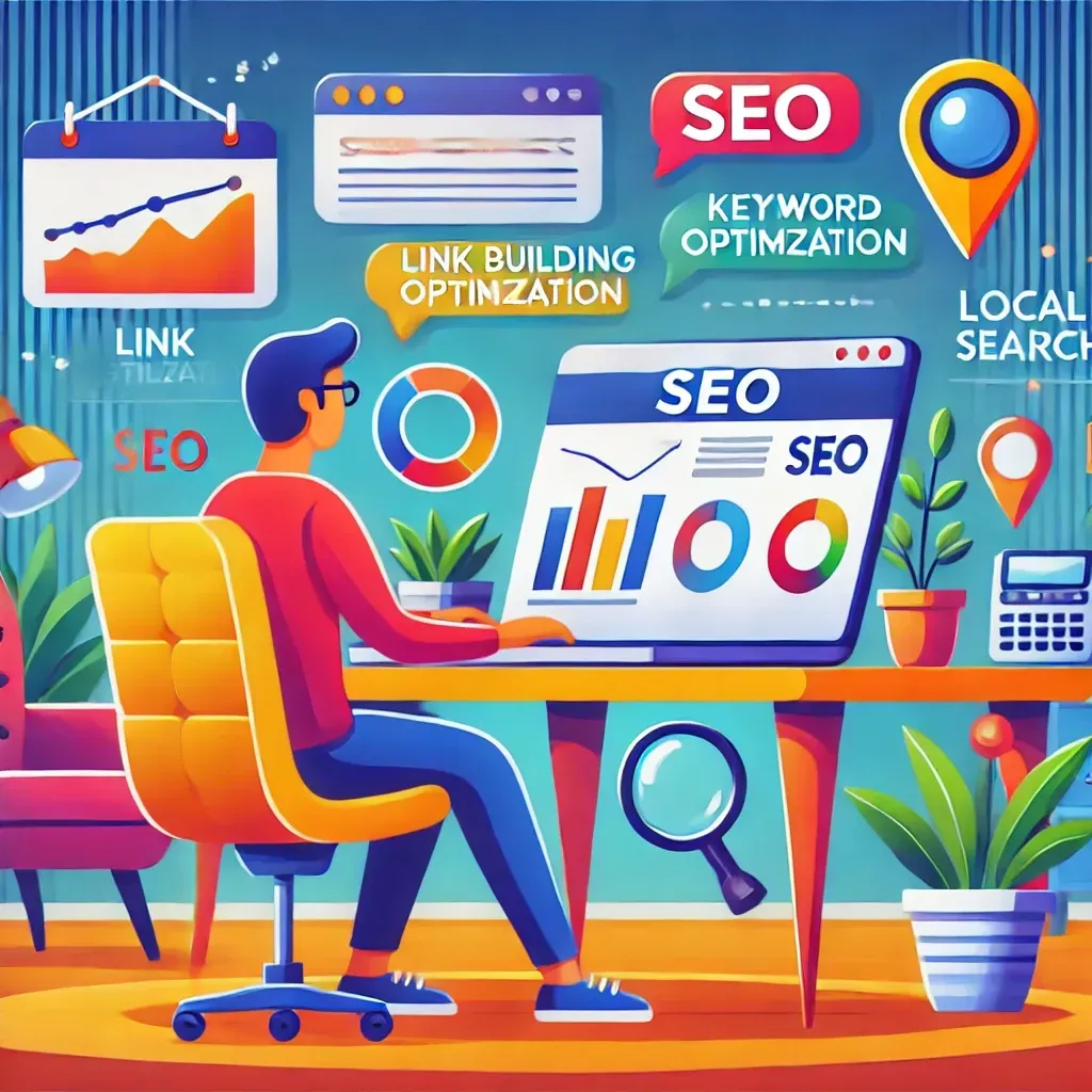 A modern illustration showing a small business owner working on a laptop with SEO metrics and charts on the screen, surrounded by icons for link building, keyword optimization, and local SEO. The background features a professional, cozy office environment, symbolizing growth and collaboration.